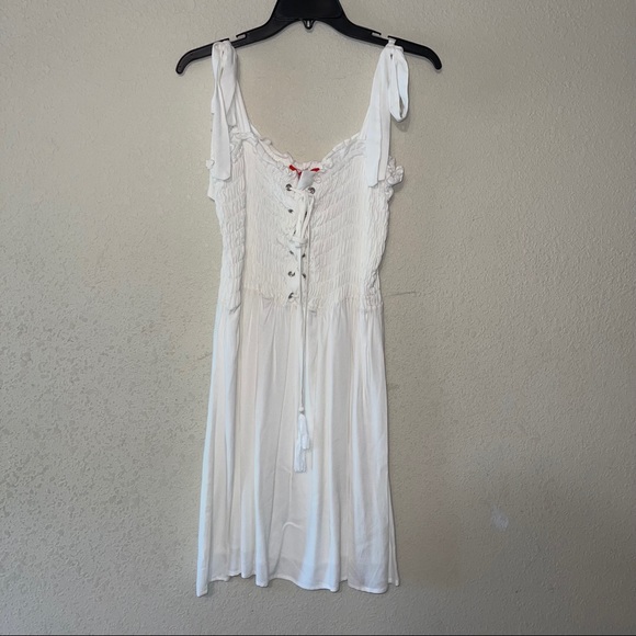 NWT C&V White Smocked Lace Up Tie Dress - Picture 2 of 3